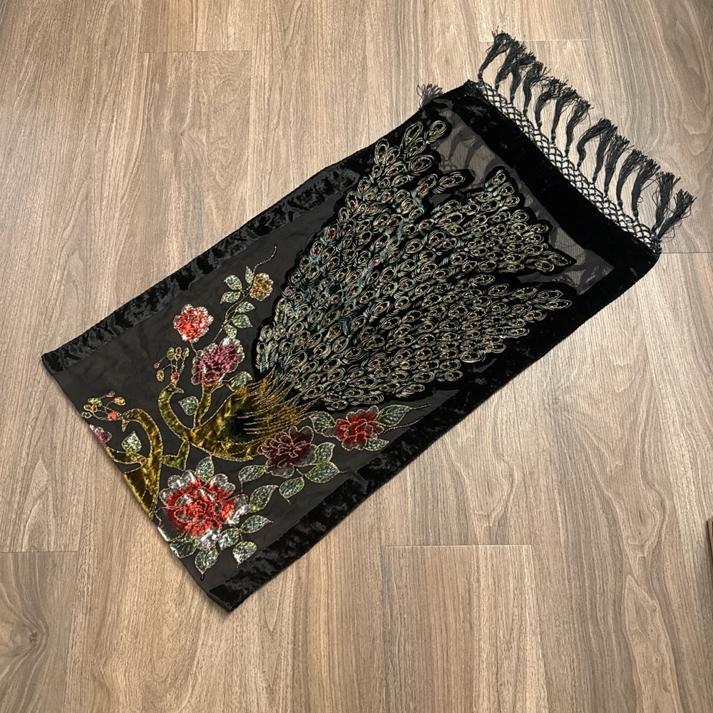 Elegant Black Velvet Scarf with Peacock and Floral Embroidery